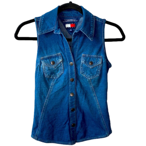 Tommy Jeans Button Up Collared Stretch Denim Vest Top - Picture 1 of 8